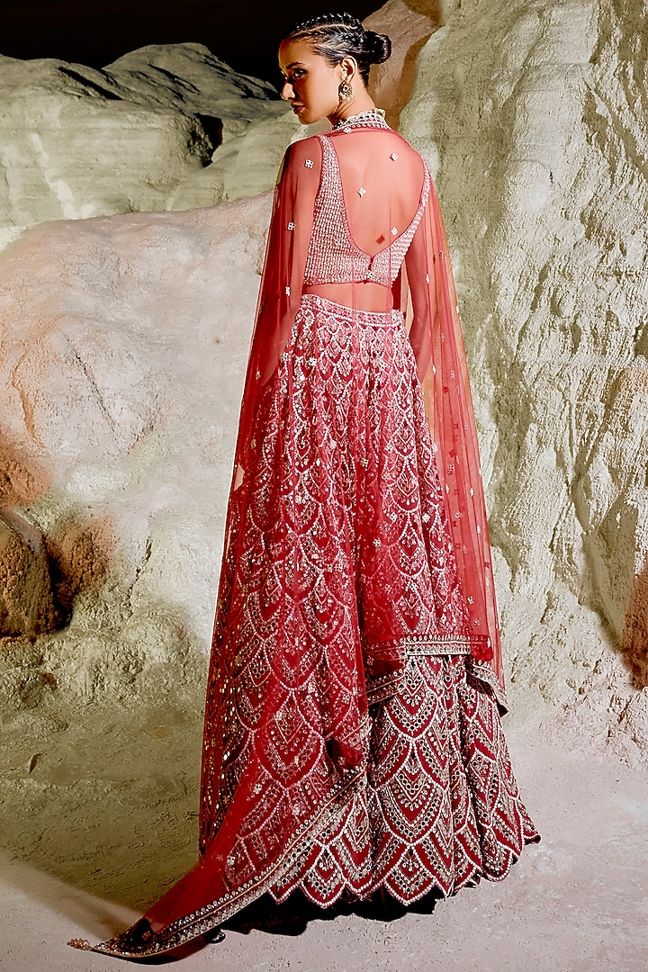 Fuchsia Red Double Georgette Cutwork Embellished Bridal Lehenga Set by Amitabh Malhotra at Pernia's Pop Up Shop