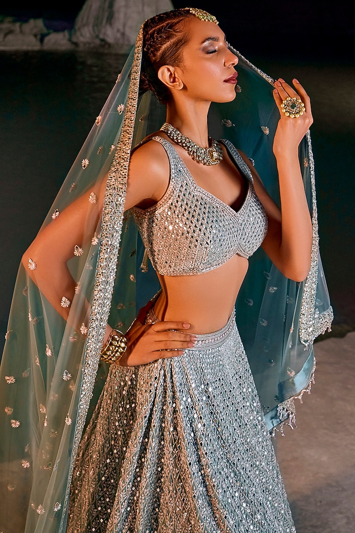 Ice Blue Double Georgette Embellished Bridal Lehenga Set by Amitabh Malhotra at Pernia's Pop Up Shop