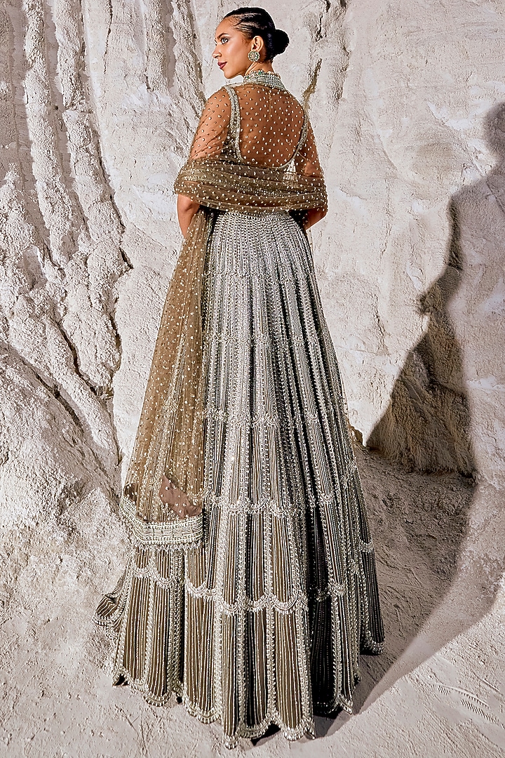 Metallic Silver Grey Double Georgette Embellished Bridal Lehenga Set by Amitabh Malhotra at Pernia's Pop Up Shop