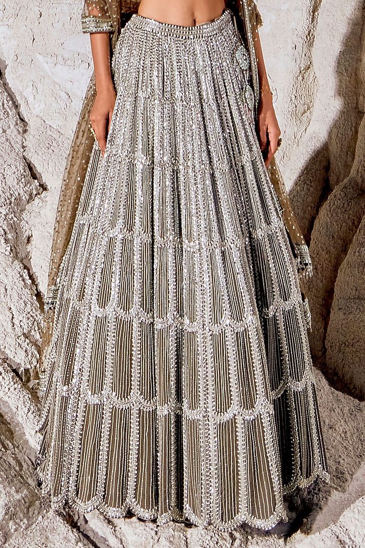 Metallic Silver Grey Double Georgette Embellished Bridal Lehenga Set by Amitabh Malhotra at Pernia's Pop Up Shop