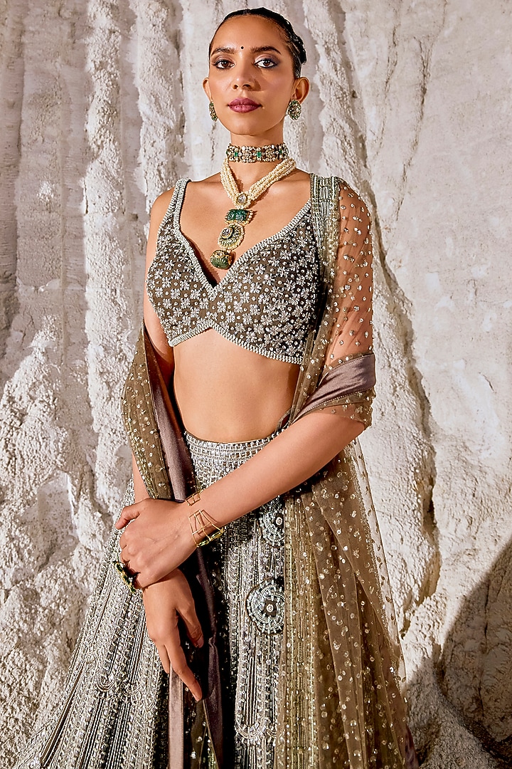 Metallic Silver Grey Double Georgette Embellished Bridal Lehenga Set by Amitabh Malhotra at Pernia's Pop Up Shop
