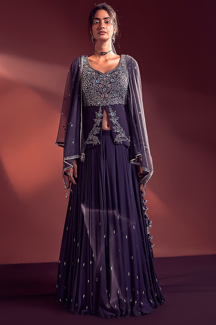 Charcoal Blue Embroidered Flared Skirt Set by Amitabh Malhotra