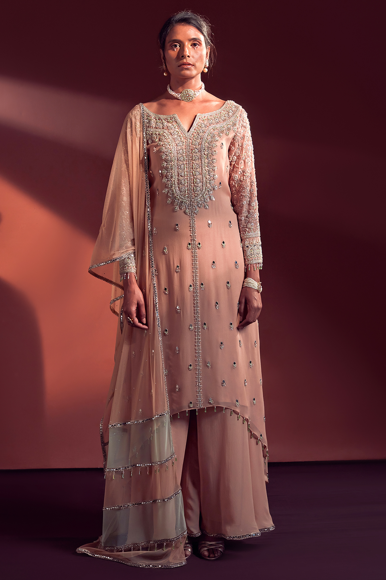 Pale Peach Georgette & Net Wedding Sharara Set by Amitabh Malhotra at Pernia's Pop Up Shop