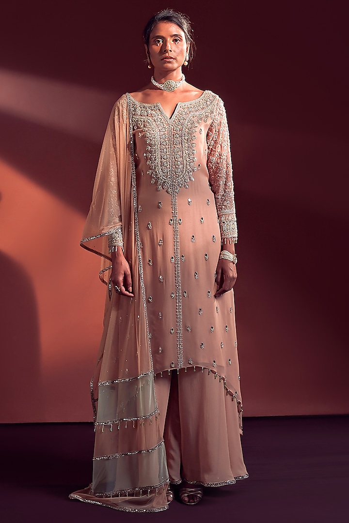 Pale Peach Georgette & Net Sharara Set by Amitabh Malhotra