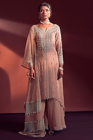Pale Peach Georgette & Net Sharara Set by Amitabh Malhotra