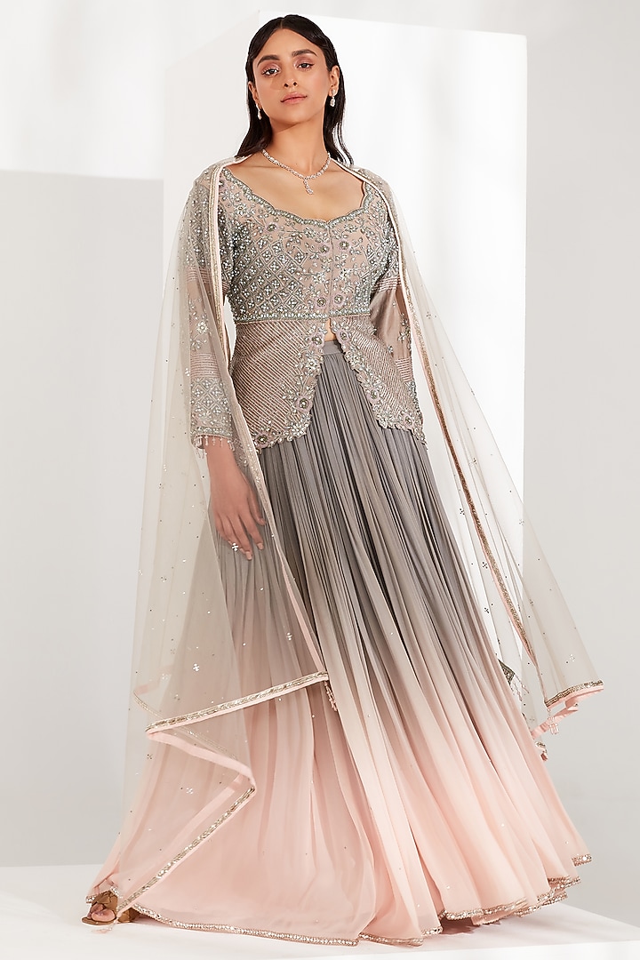 Glacier Grey & Prism Pink Ombre Skirt Set by Amitabh Malhotra at Pernia's Pop Up Shop