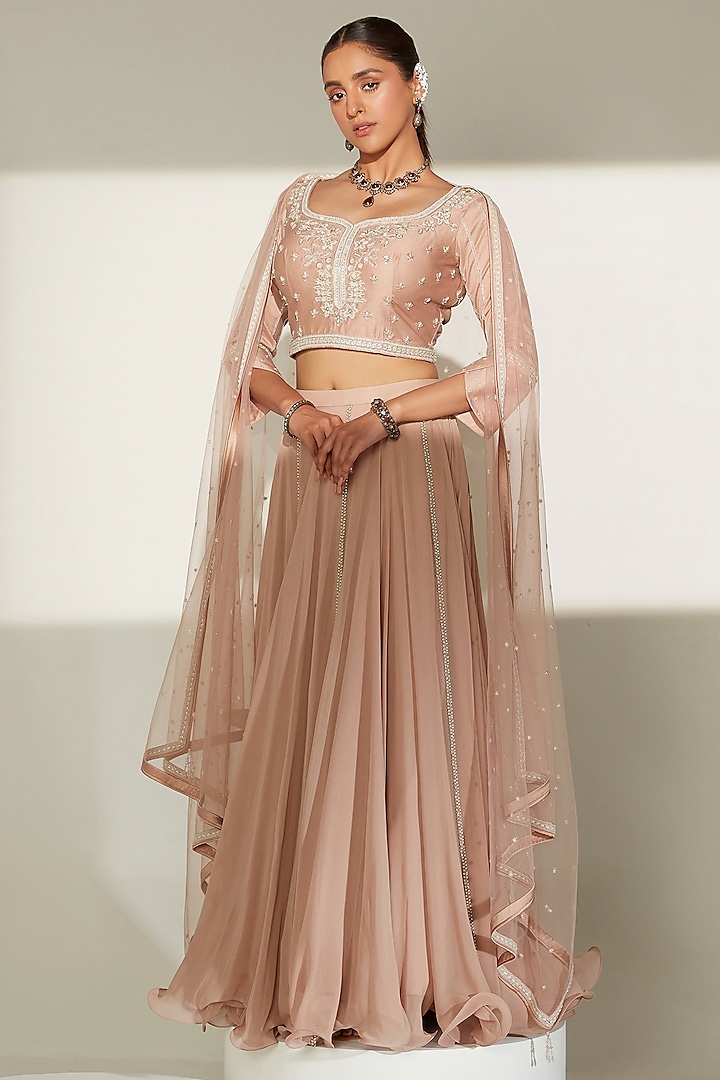 Chic Peach Embroidered Wedding Lehenga Set by Amitabh Malhotra at Pernia's Pop Up Shop