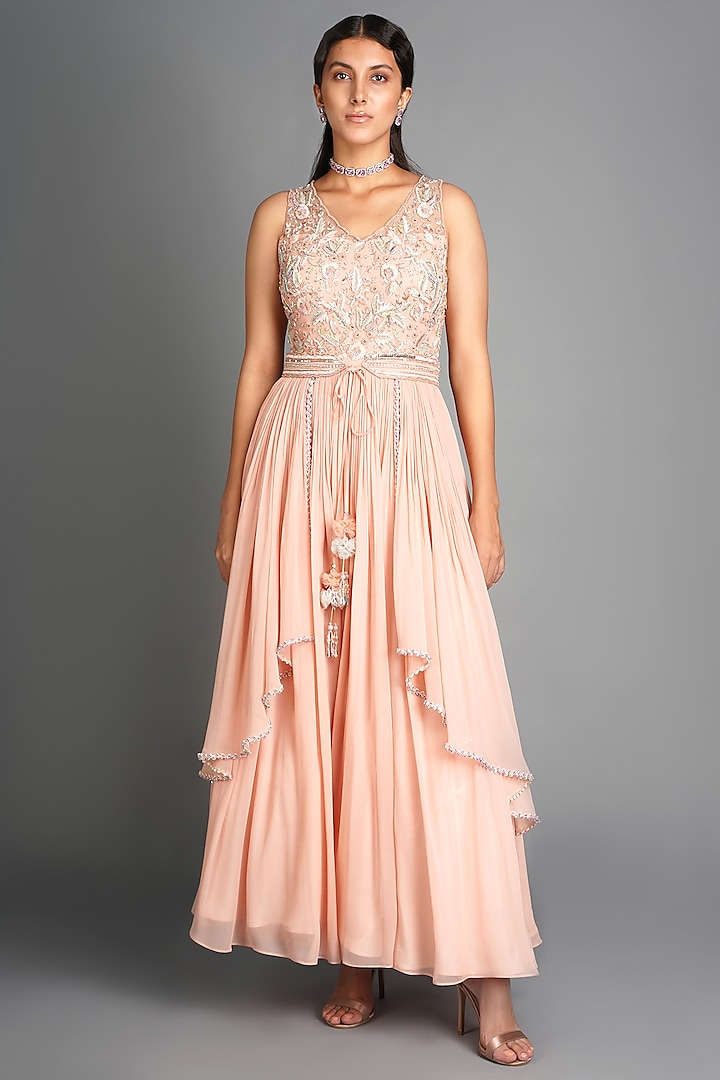 Peach Embroidered Flared Gown by Amitabh Malhotra