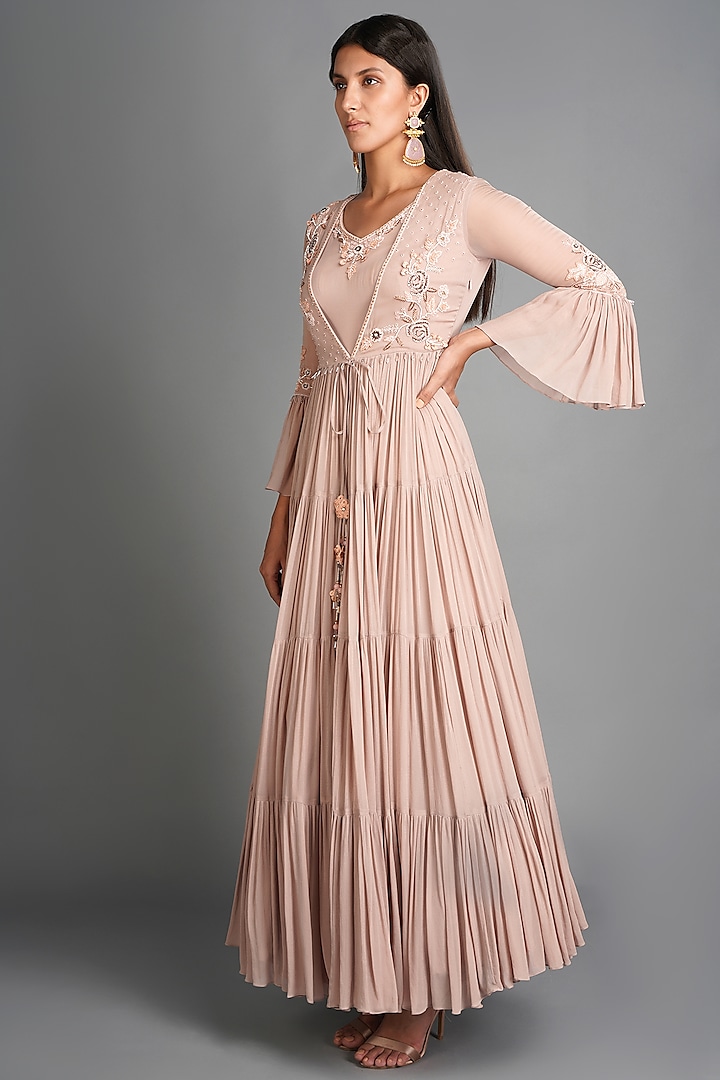 Pink Embroidered Layered Gown by Amitabh Malhotra