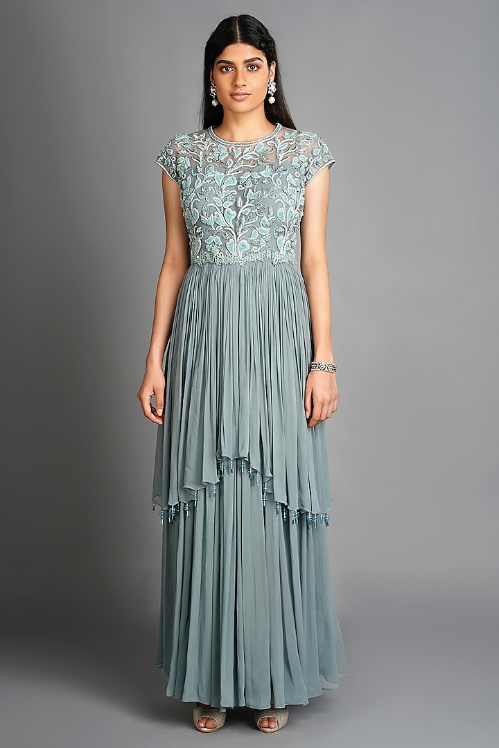 Grey Embroidered Flared Gown by Amitabh Malhotra