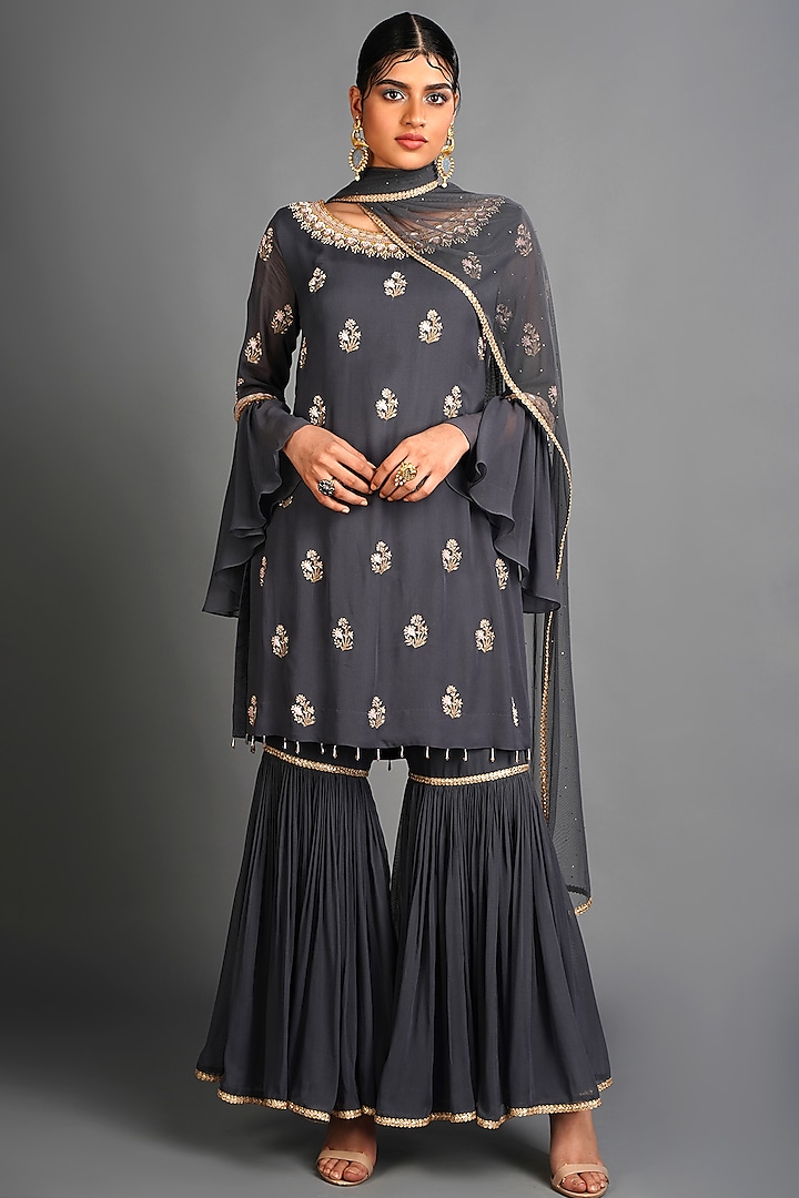 Grey Embroidered Gharara Set by Amitabh Malhotra at Pernia's Pop Up Shop