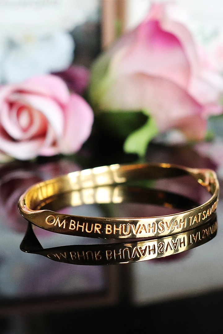 Gold Finish Gayatri Mantra Bangle In Sterling Silver by Eina Ahluwalia at Pernia's Pop Up Shop