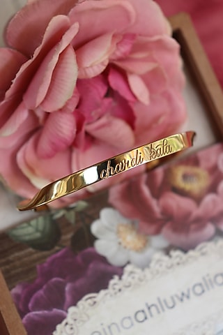 Gold Finish Nirbhau Nirvair & Chardi Kala Bangle In Sterling Silver by Eina Ahluwalia