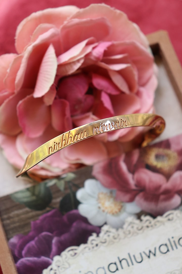 Gold Finish Nirbhau Nirvair & Chardi Kala Bangle In Sterling Silver by Eina Ahluwalia at Pernia's Pop Up Shop