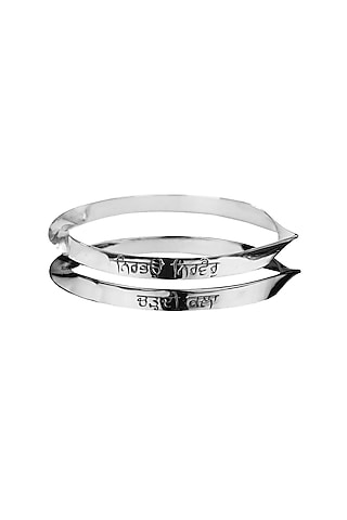 Silver Finish Nirbhau Nirvair & Chardi Kala Bangle In Sterling Silver by Eina Ahluwalia