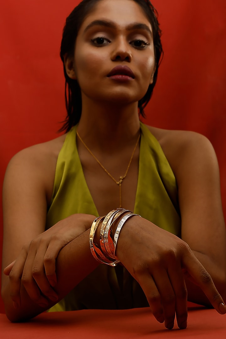 Silver Finish Nirbhau Nirvair & Chardi Kala Bangle In Sterling Silver by Eina Ahluwalia at Pernia's Pop Up Shop