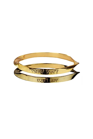 Gold Finish Nirbhau Nirvair & Chardi Kala Bangle In Sterling Silver by Eina Ahluwalia