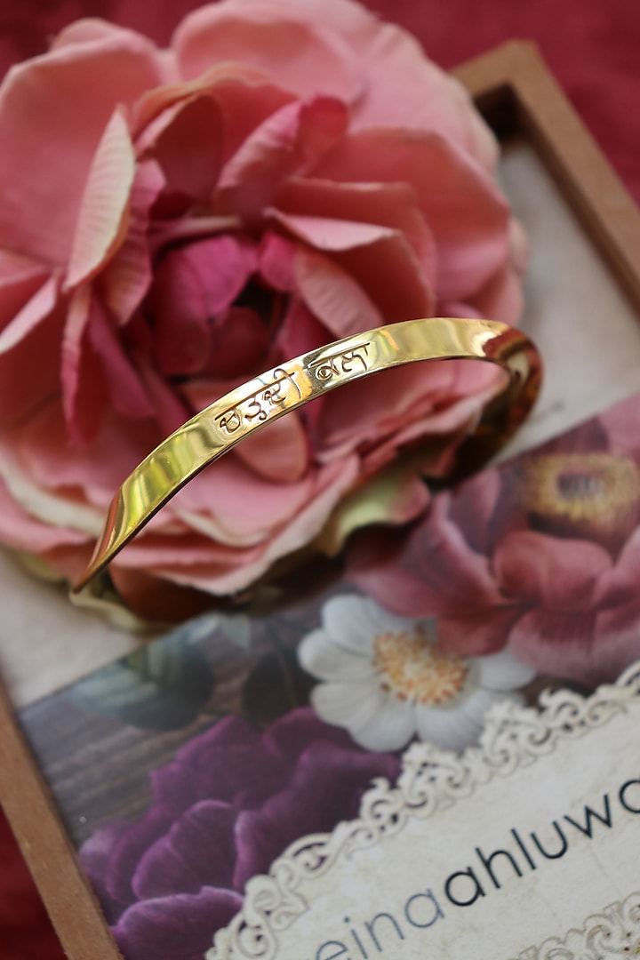 Gold Finish Nirbhau Nirvair & Chardi Kala Bangle In Sterling Silver by Eina Ahluwalia at Pernia's Pop Up Shop