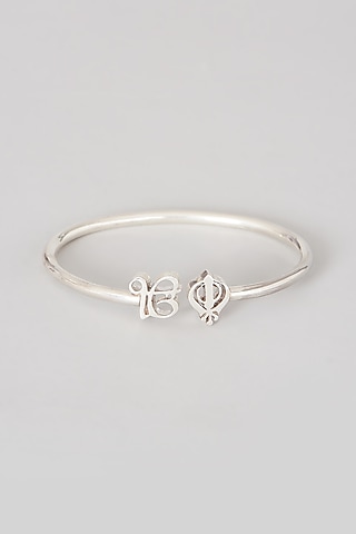 White Finish Ik Onkar Khanda Bangle In Sterling Silver by Eina Ahluwalia