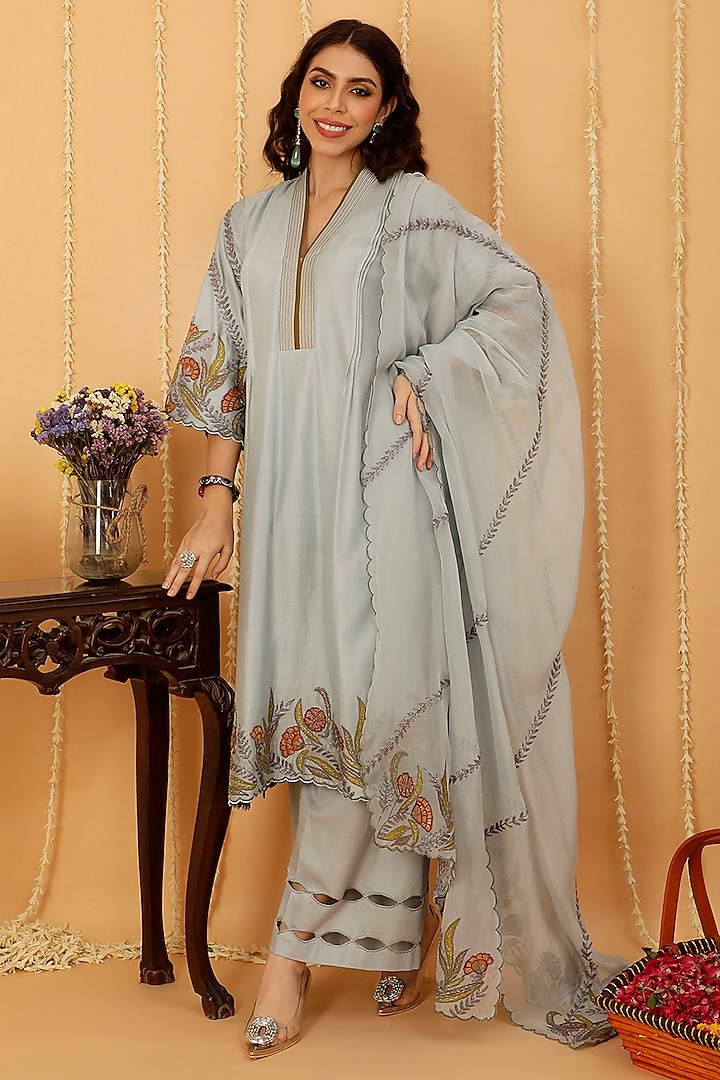 Ice Blue Pure Silk Chanderi Resham Embroidered Kurta Set by A Touch Of Zari at Pernia's Pop Up Shop