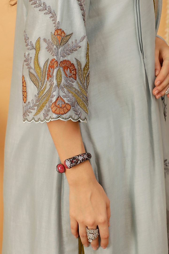 Ice Blue Pure Silk Chanderi Resham Embroidered Kurta Set by A Touch Of Zari at Pernia's Pop Up Shop