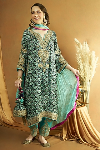 Blue Modal Satin Ajrakh Printed & Tilla Embroidered Kurta Set by A Touch Of Zari