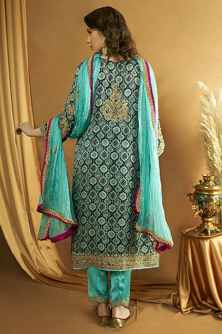 Blue Modal Satin Ajrakh Printed & Tilla Embroidered Kurta Set by A Touch Of Zari at Pernia's Pop Up Shop