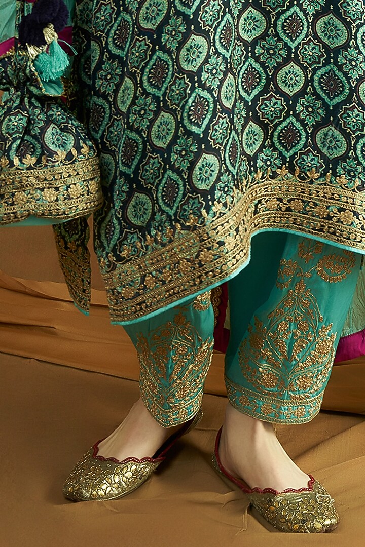 Blue Modal Satin Ajrakh Printed & Tilla Embroidered Kurta Set by A Touch Of Zari at Pernia's Pop Up Shop