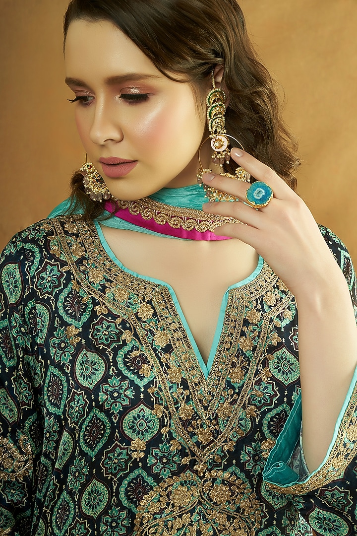Blue Modal Satin Ajrakh Printed & Tilla Embroidered Kurta Set by A Touch Of Zari at Pernia's Pop Up Shop