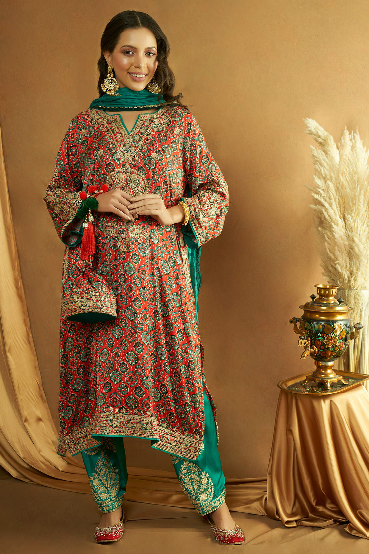 Red Modal Satin Ajrakh Printed & Tilla Embroidered Kurta Set by A Touch Of Zari at Pernia's Pop Up Shop