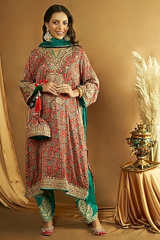 Red Modal Satin Ajrakh Printed & Tilla Embroidered Kurta Set by A Touch Of Zari