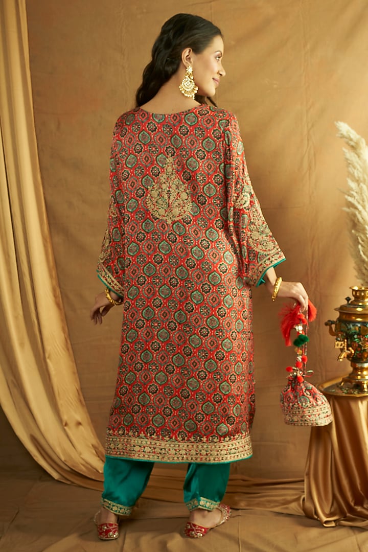 Red Modal Satin Ajrakh Printed & Tilla Embroidered Kurta Set by A Touch Of Zari at Pernia's Pop Up Shop