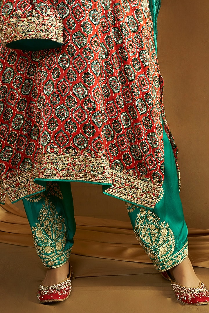 Red Modal Satin Ajrakh Printed & Tilla Embroidered Kurta Set by A Touch Of Zari at Pernia's Pop Up Shop