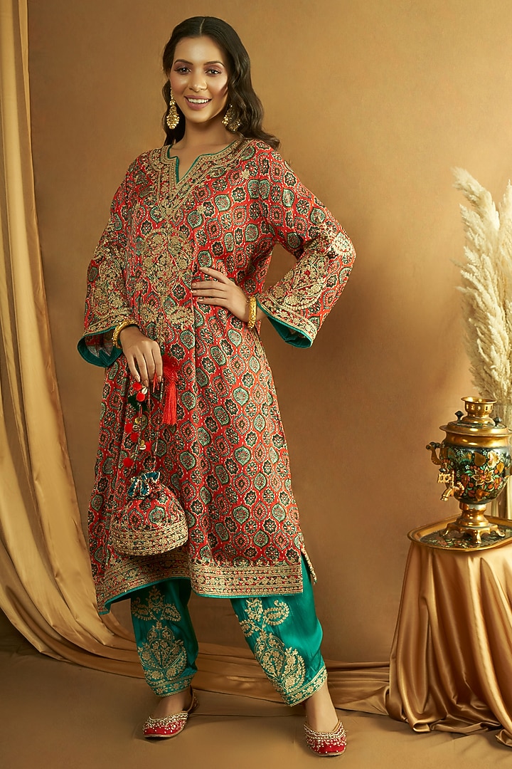 Red Modal Satin Ajrakh Printed & Tilla Embroidered Kurta Set by A Touch Of Zari at Pernia's Pop Up Shop
