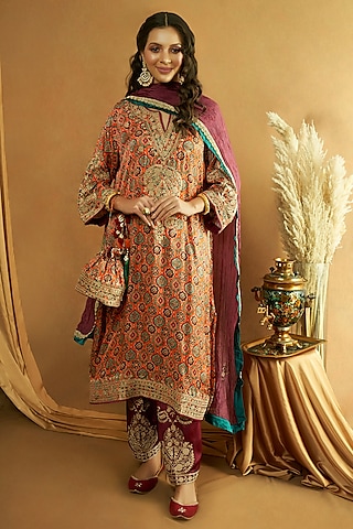 Orange Modal Satin Ajrakh Printed & Tilla Embroidered Kurta Set by A Touch Of Zari