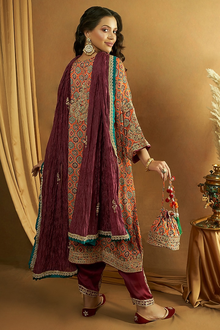 Orange Modal Satin Ajrakh Printed & Tilla Embroidered Kurta Set by A Touch Of Zari at Pernia's Pop Up Shop