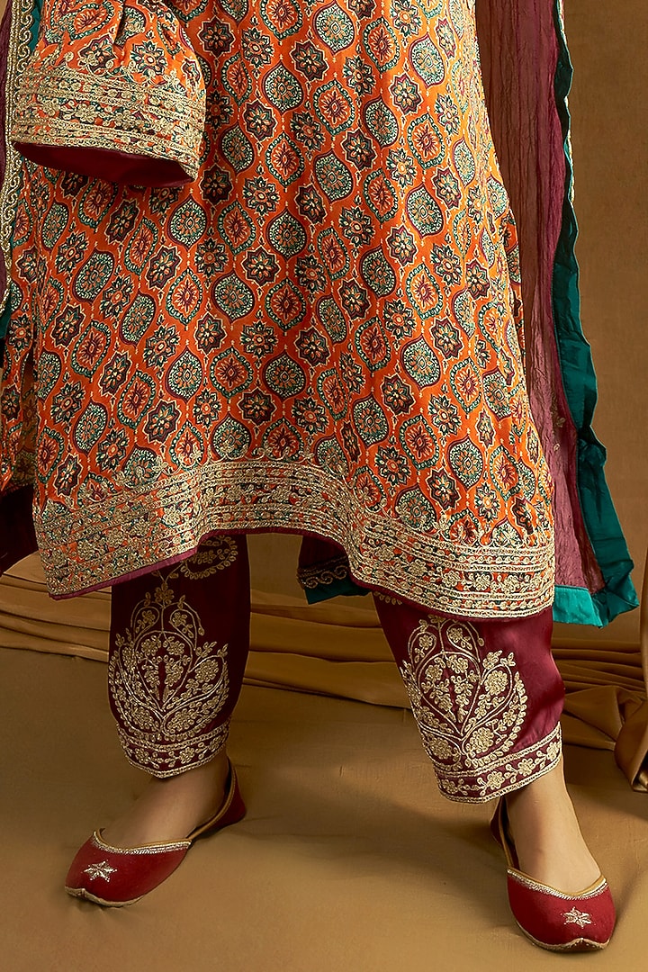 Orange Modal Satin Ajrakh Printed & Tilla Embroidered Kurta Set by A Touch Of Zari at Pernia's Pop Up Shop