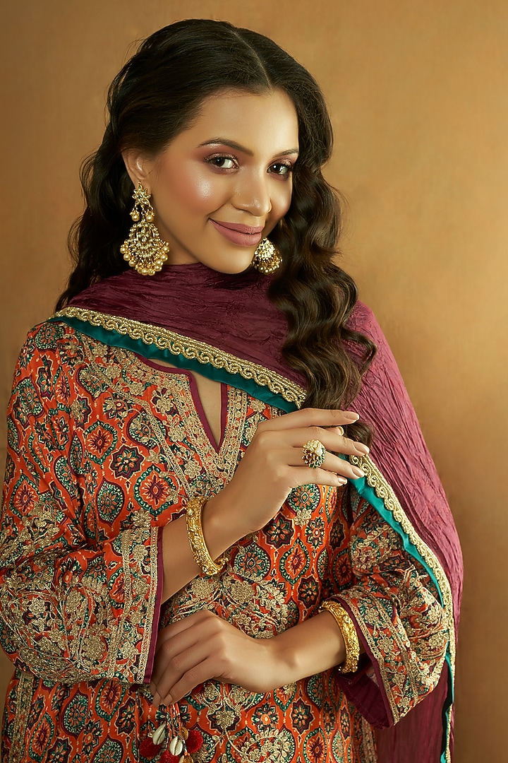 Orange Modal Satin Ajrakh Printed & Tilla Embroidered Kurta Set by A Touch Of Zari at Pernia's Pop Up Shop