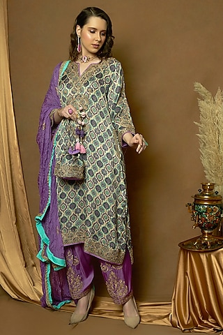 Mauve Modal Satin Ajrakh Printed & Tilla Embroidered Kurta Set by A Touch Of Zari