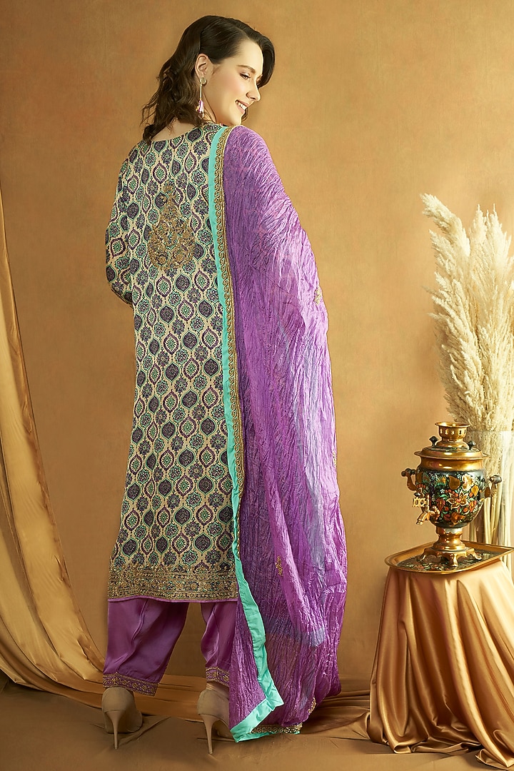 Mauve Modal Satin Ajrakh Printed & Tilla Embroidered Kurta Set by A Touch Of Zari at Pernia's Pop Up Shop