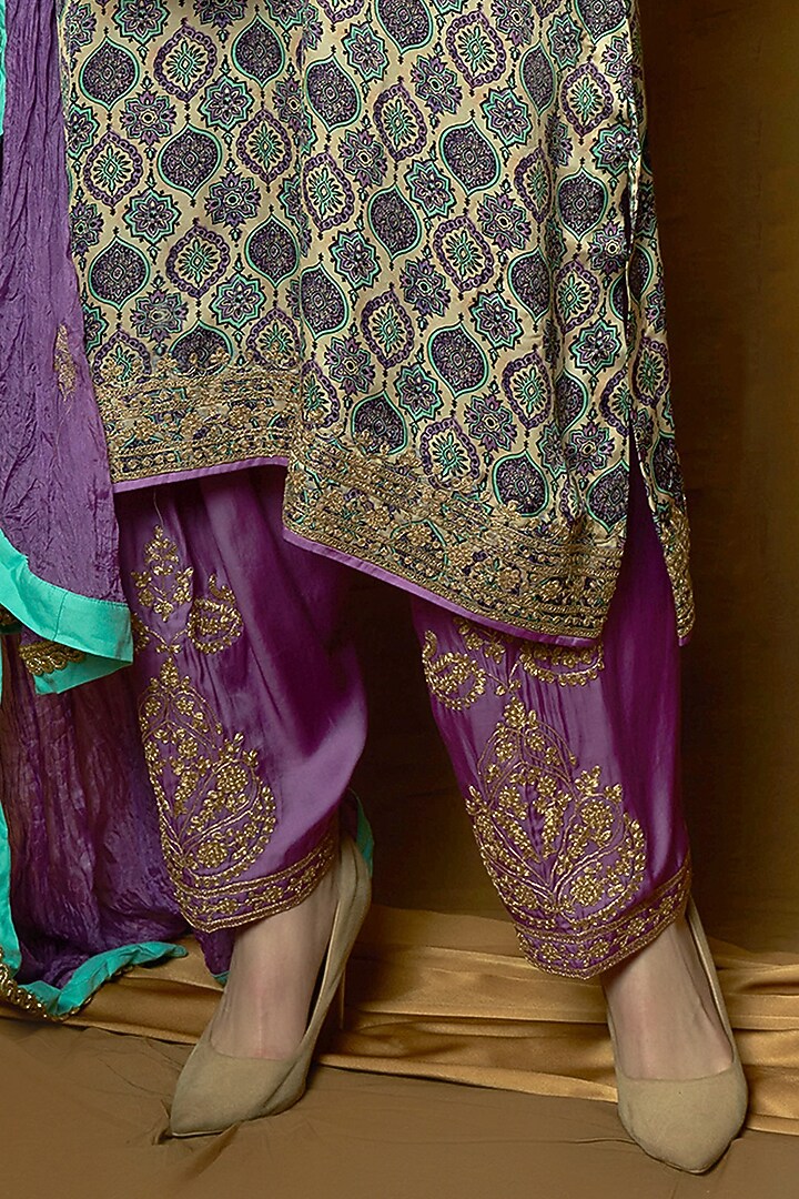 Mauve Modal Satin Ajrakh Printed & Tilla Embroidered Kurta Set by A Touch Of Zari at Pernia's Pop Up Shop
