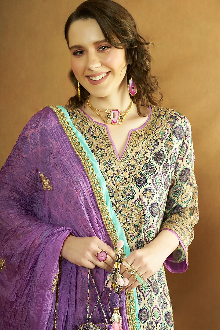 Mauve Modal Satin Ajrakh Printed & Tilla Embroidered Kurta Set by A Touch Of Zari at Pernia's Pop Up Shop
