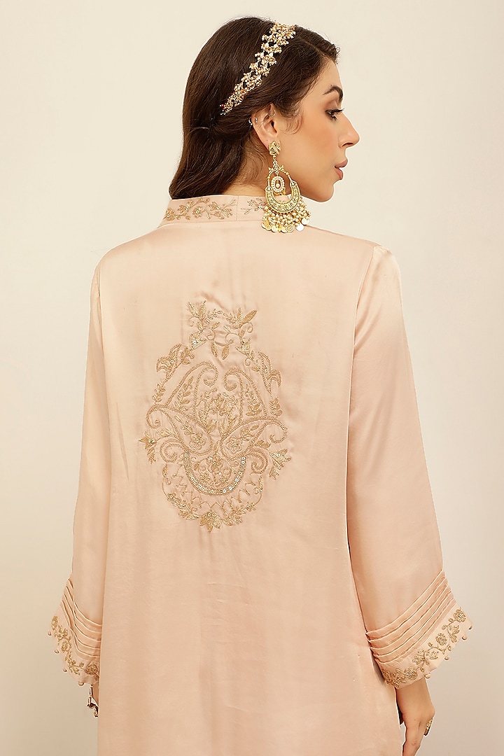 Nude Pink Modal Satin Kashmiri Tilla Embroidered Kurta Set by A Touch Of Zari at Pernia's Pop Up Shop