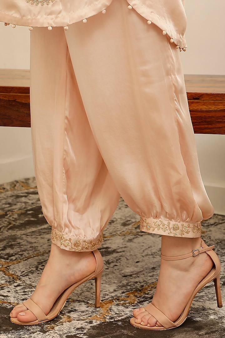 Nude Pink Modal Satin Kashmiri Tilla Embroidered Kurta Set by A Touch Of Zari at Pernia's Pop Up Shop