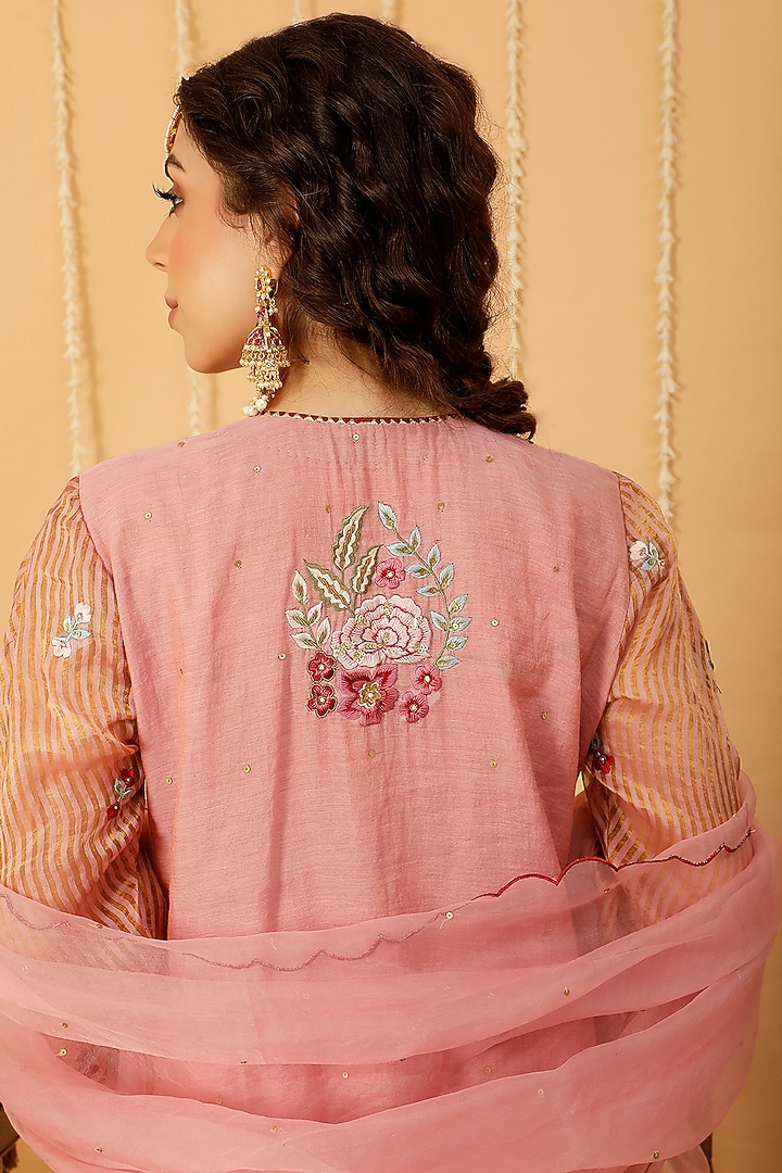 Pink Tissue Silk Chanderi Embroidered Kurta Set by A Touch Of Zari at Pernia's Pop Up Shop