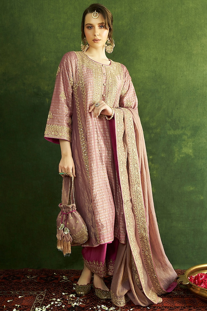 Lilac Tissue Chanderi Zari Embroidered Choga Kurta Set by A Touch Of Zari at Pernia's Pop Up Shop
