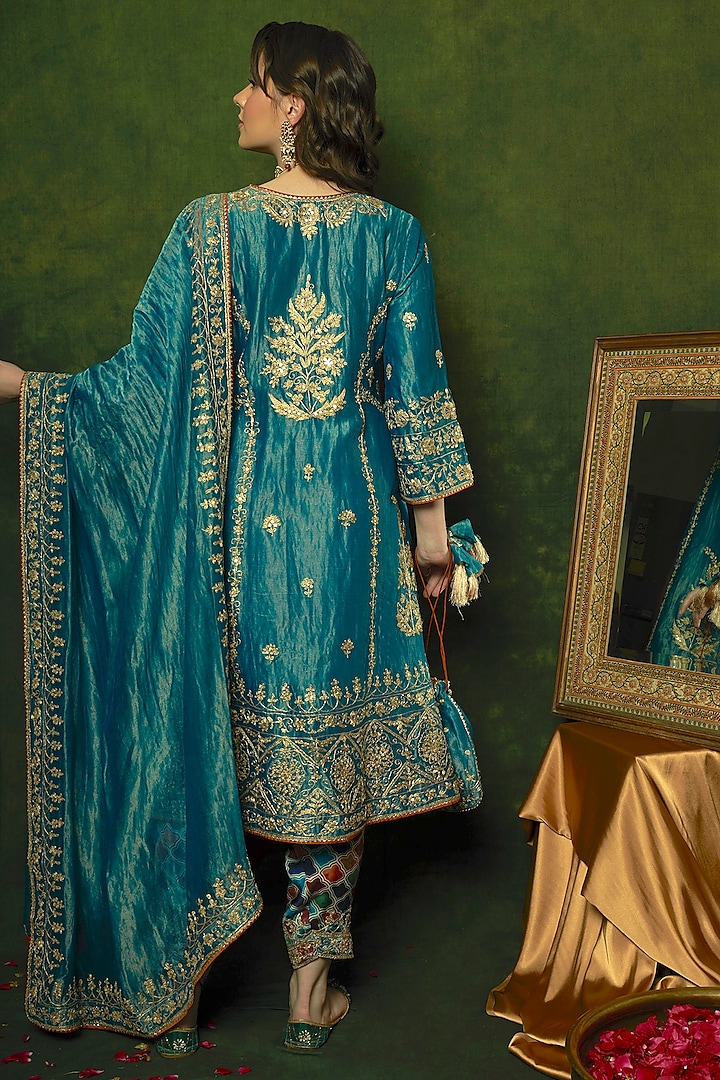 Turquoise Chanderi Tissue Hand Embroidered A-Line Kurta Set by A Touch Of Zari at Pernia's Pop Up Shop
