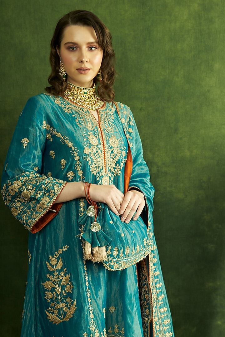 Turquoise Chanderi Tissue Hand Embroidered A-Line Kurta Set by A Touch Of Zari at Pernia's Pop Up Shop