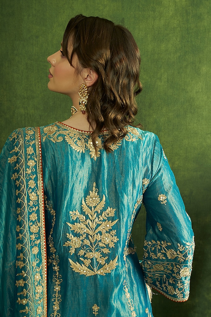 Turquoise Chanderi Tissue Hand Embroidered A-Line Kurta Set by A Touch Of Zari at Pernia's Pop Up Shop