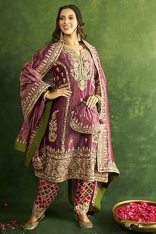 Wine Chanderi Sequin Hand Embroidered A-Line Kurta Set by a touch of zari